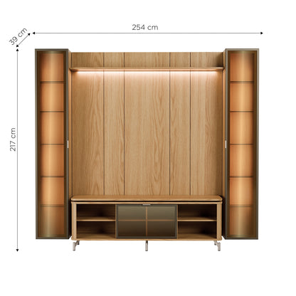 Rack com Painel para TV até 85" 2 Cristaleiras Vidro Reflecta e LED Lincoln Float 254cm – Carvalho c/ Champanhe