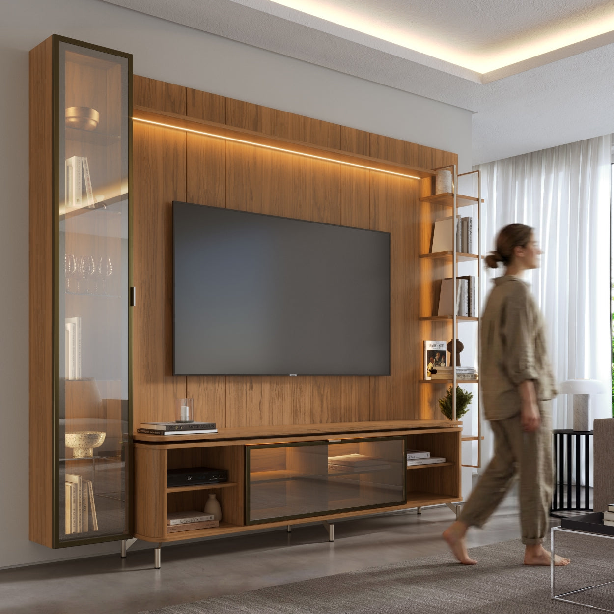 Rack com Painel para TV até 85" 6 Prateleiras e Cristaleira 1 Porta Vidro Reflecta e LED Lincoln Float 291cm – Canella c/ Champanhe