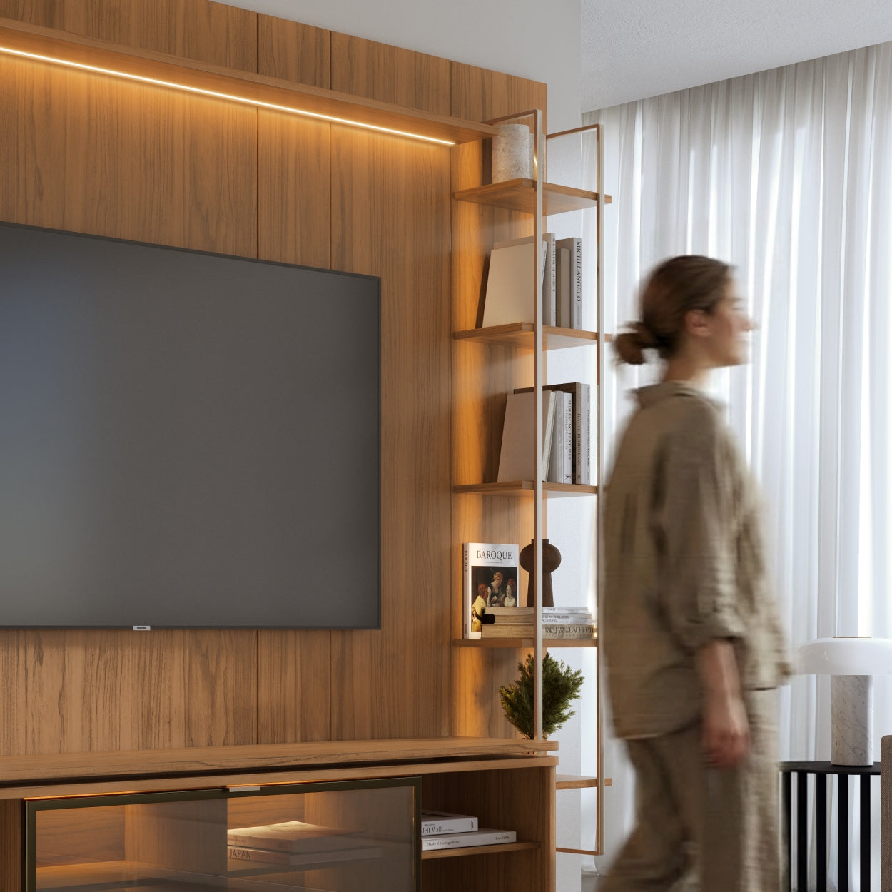 Rack com Painel para TV até 85" 6 Prateleiras e Cristaleira 1 Porta Vidro Reflecta e LED Neon Float 291cm - Canella c/ Champanhe