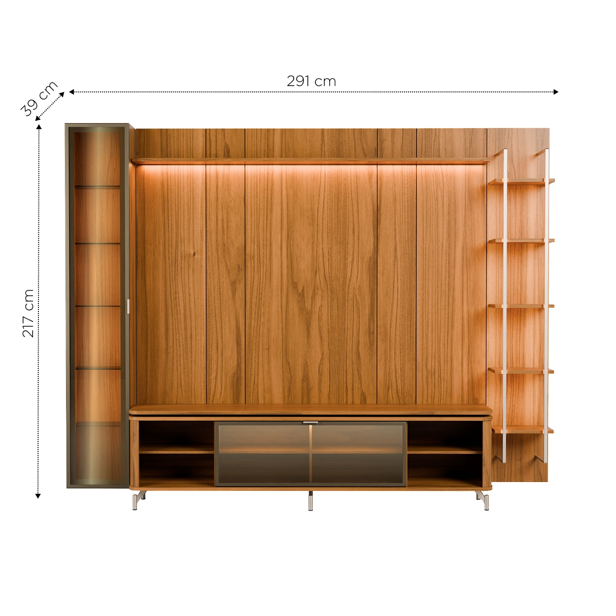 Rack com Painel para TV até 85" 6 Prateleiras e Cristaleira 1 Porta Vidro Reflecta e LED Lincoln Float 291cm – Canella c/ Champanhe