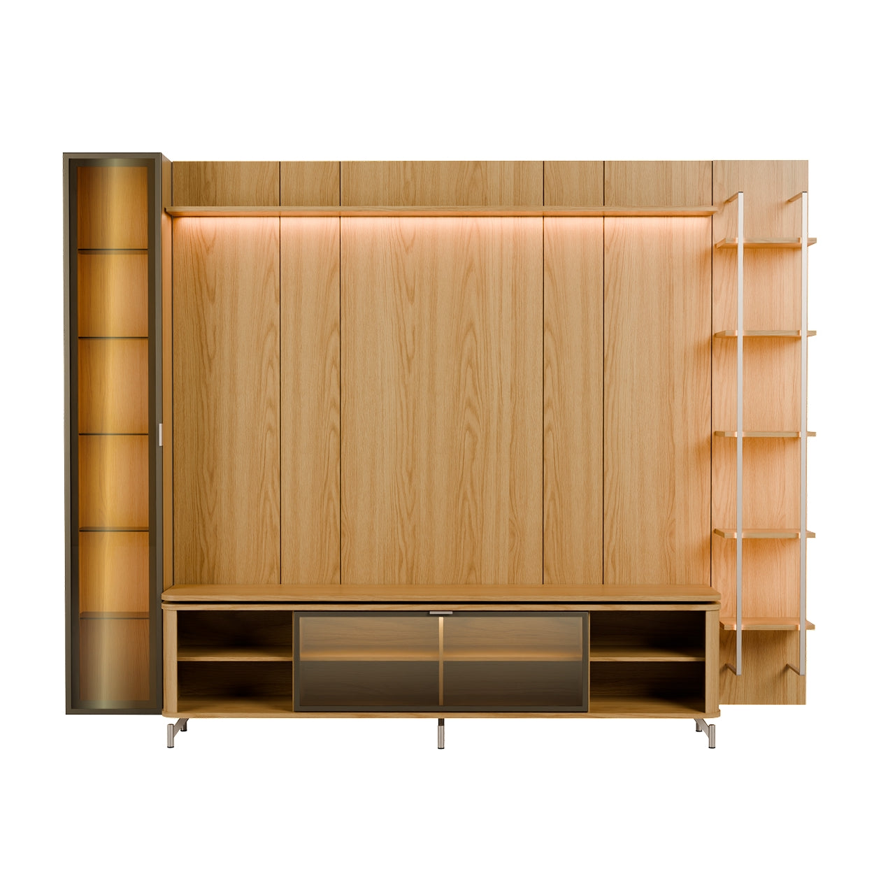 Rack com Painel para TV até 85" 6 Prateleiras e Cristaleira 1 Porta Vidro Reflecta e LED Lincoln Float 291cm – Carvalho c/ Champanhe