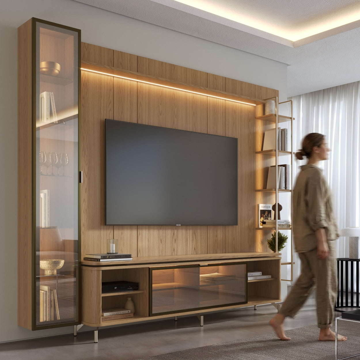 Rack com Painel para TV até 85" 6 Prateleiras e Cristaleira 1 Porta Vidro Reflecta e LED Lincoln Float 291cm – Carvalho c/ Champanhe