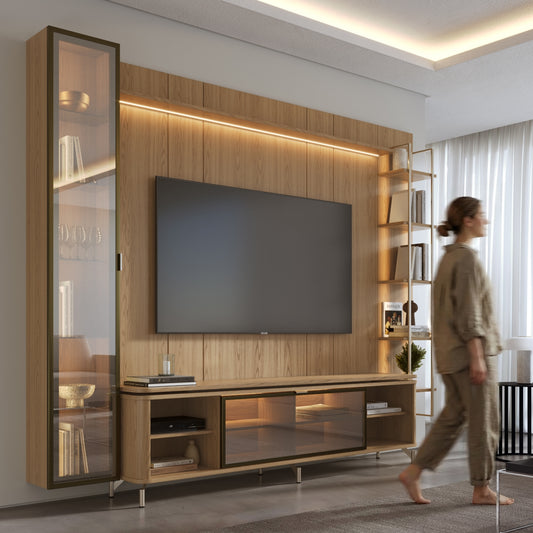 Rack com Painel para TV até 85" 6 Prateleiras e Cristaleira 1 Porta Vidro Reflecta e LED Lincoln Float 291cm – Carvalho c/ Champanhe