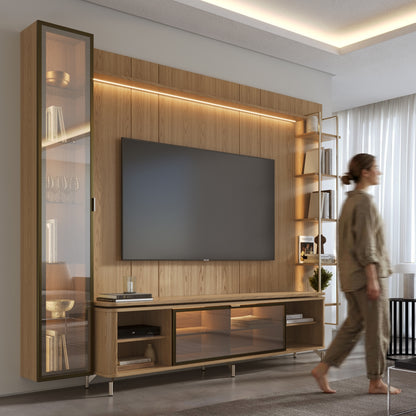 Rack com Painel para TV até 85" 6 Prateleiras e Cristaleira 1 Porta Vidro Reflecta e LED Lincoln Float 291cm – Carvalho c/ Champanhe