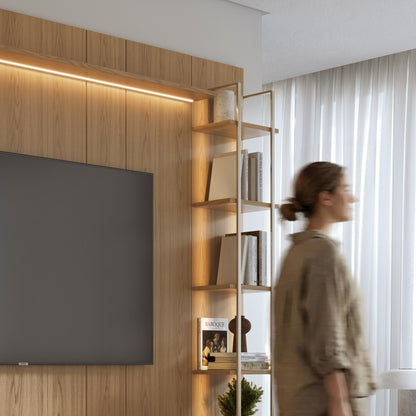 Rack com Painel para TV até 85" 6 Prateleiras e Cristaleira 1 Porta Vidro Reflecta e LED Lincoln Float 291cm – Carvalho c/ Champanhe