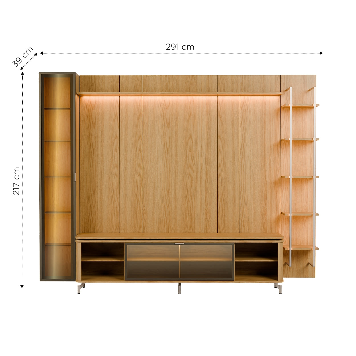 Rack com Painel para TV até 85" 6 Prateleiras e Cristaleira 1 Porta Vidro Reflecta e LED Lincoln Float 291cm – Carvalho c/ Champanhe