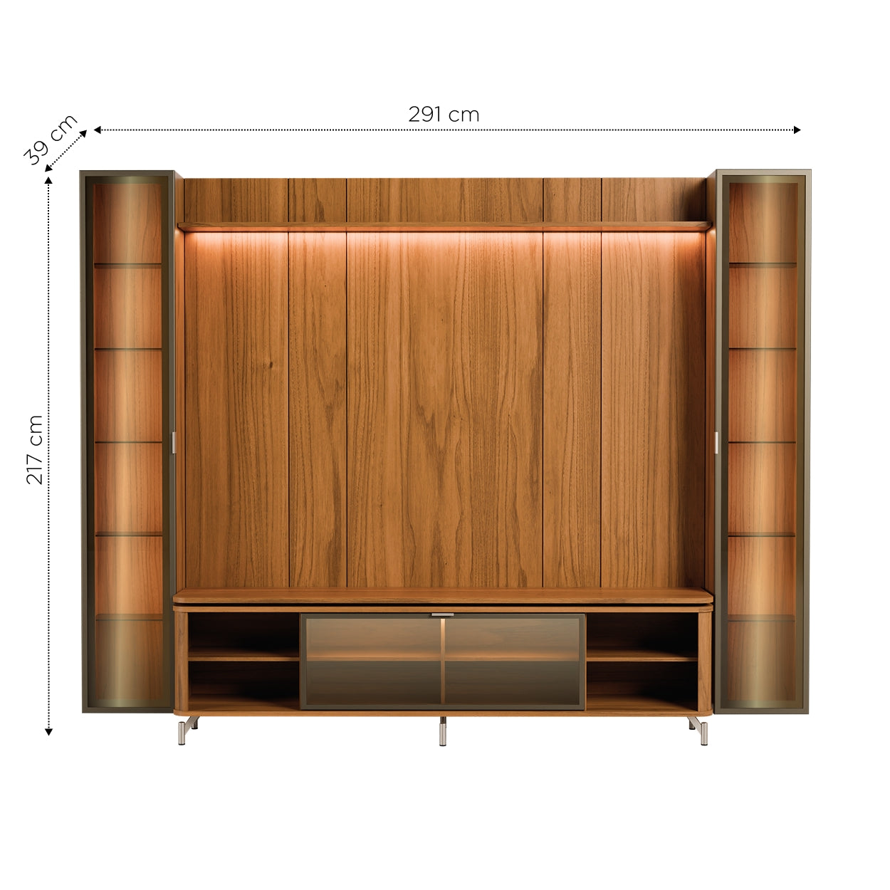 Rack com Painel para TV até 85" 2 Cristaleiras Vidro Reflecta e LED Lincoln Float 291cm – Canella c/ Champanhe