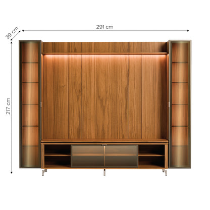 Rack com Painel para TV até 85" 2 Cristaleiras Vidro Reflecta e LED Lincoln Float 291cm – Canella c/ Champanhe