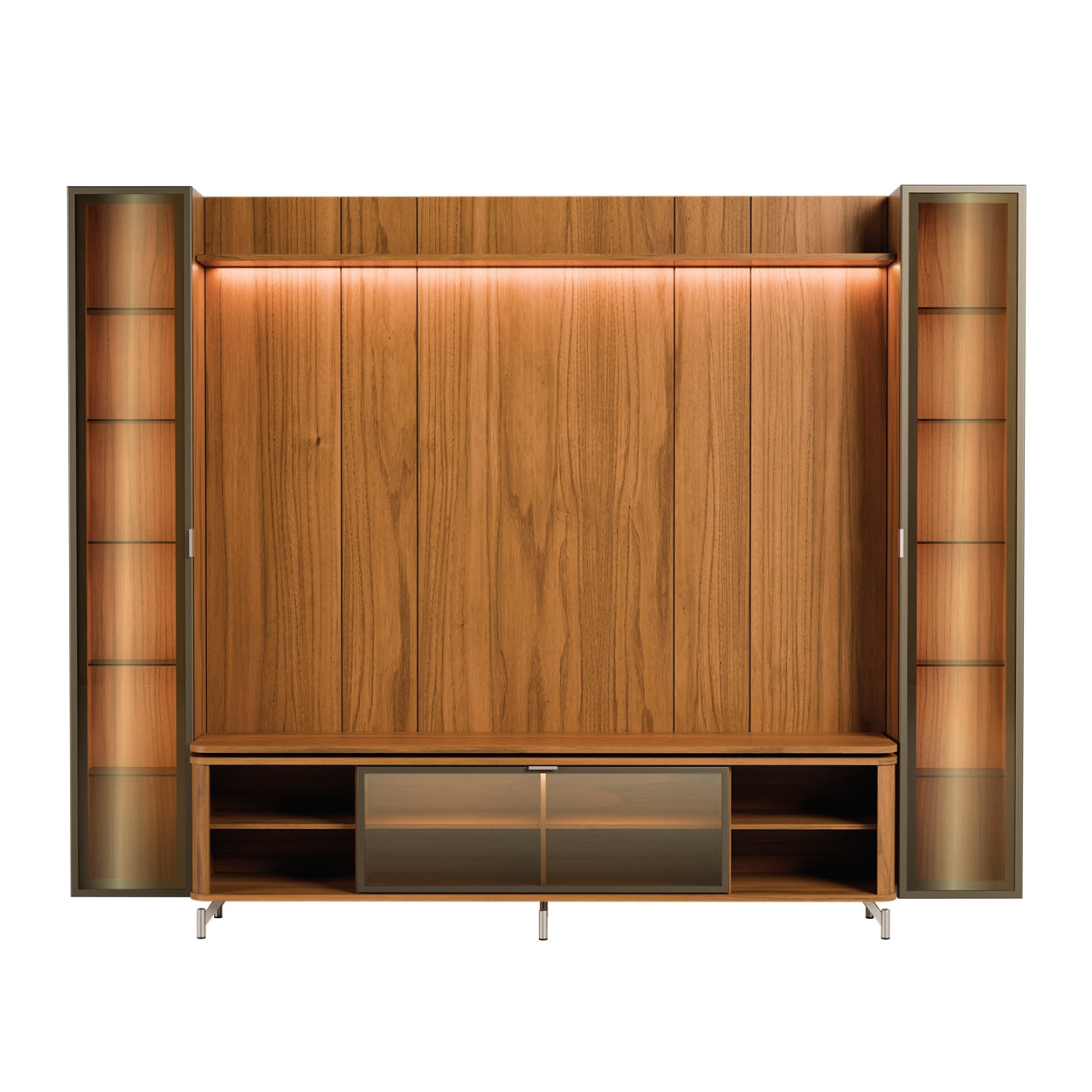 Rack com Painel para TV até 85" 2 Cristaleiras Vidro Reflecta e LED Lincoln Float 291cm – Canella c/ Champanhe