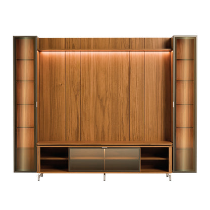 Rack com Painel para TV até 85" 2 Cristaleiras Vidro Reflecta e LED Lincoln Float 291cm – Canella c/ Champanhe