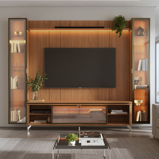 Rack com Painel para TV até 85" 2 Cristaleiras Vidro Reflecta e LED Lincoln Float 291cm – Canella c/ Champanhe