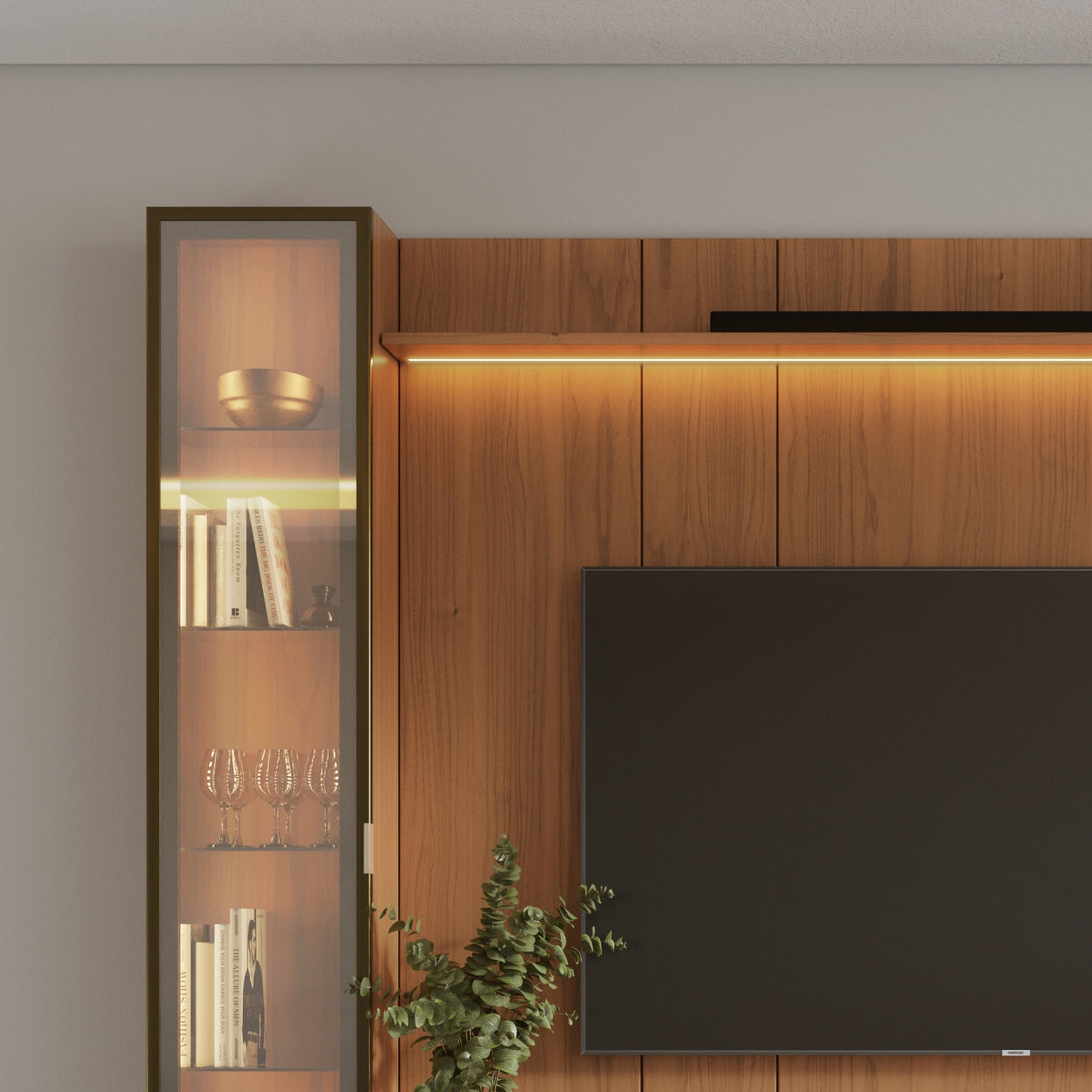 Rack com Painel para TV até 85" 2 Cristaleiras Vidro Reflecta e LED Lincoln Float 291cm – Canella c/ Champanhe