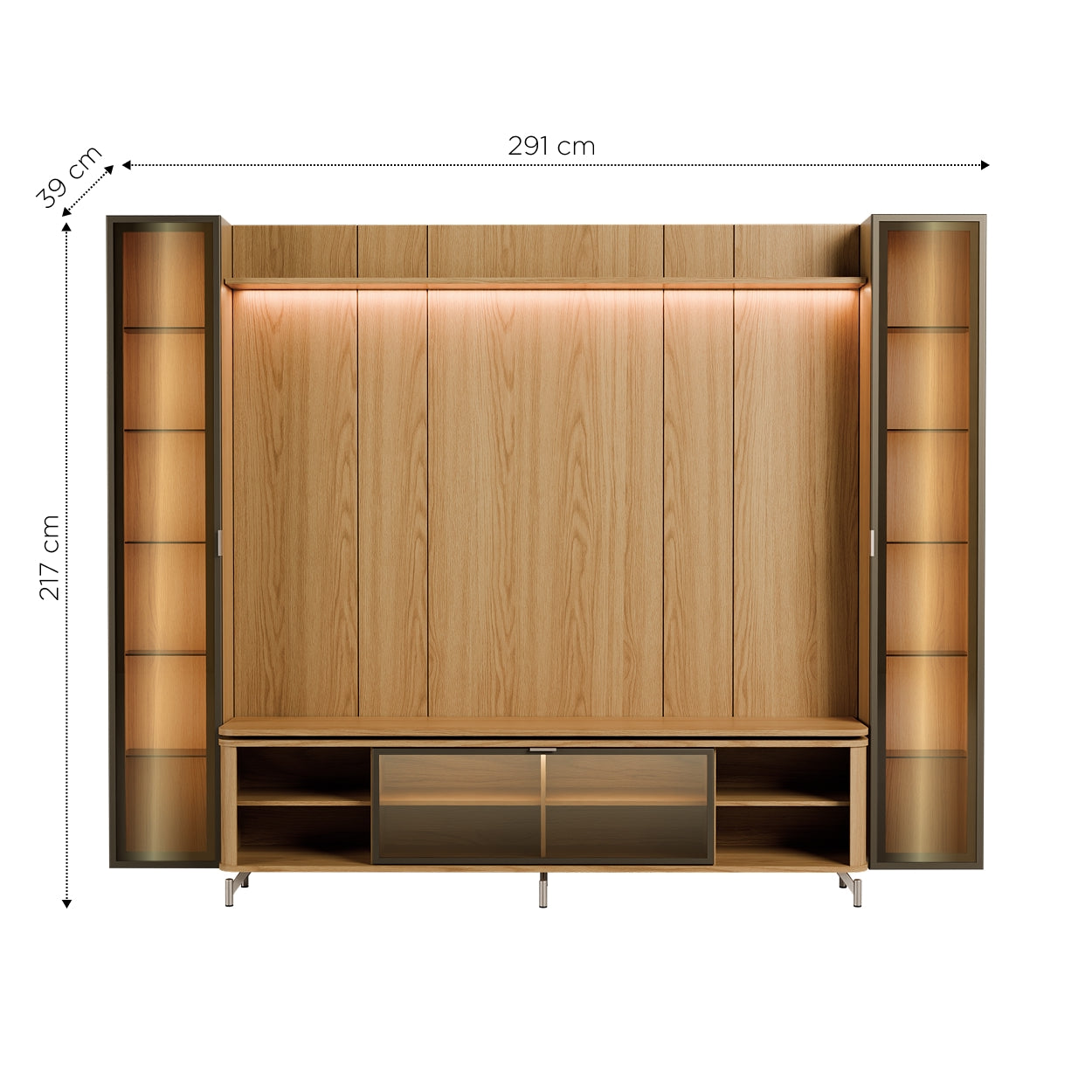 Rack com Painel para TV até 85" 2 Cristaleiras Vidro Reflecta e LED Lincoln Float 291cm – Carvalho c/ Champanhe