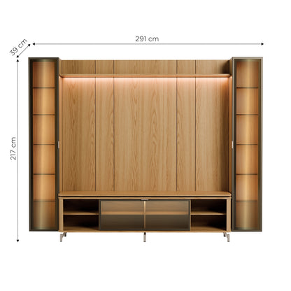 Rack com Painel para TV até 85" 2 Cristaleiras Vidro Reflecta e LED Lincoln Float 291cm – Carvalho c/ Champanhe