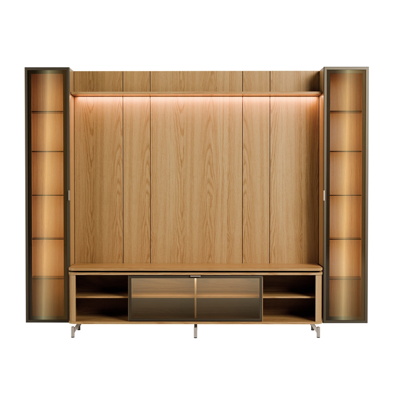 Rack com Painel para TV até 85" 2 Cristaleiras Vidro Reflecta e LED Lincoln Float 291cm – Carvalho c/ Champanhe