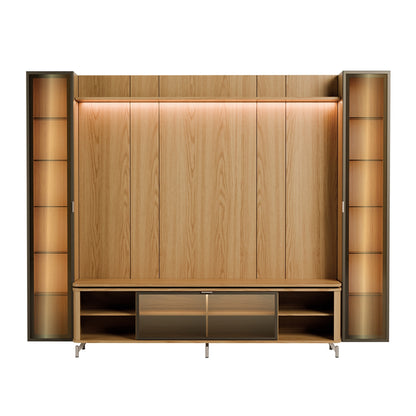 Rack com Painel para TV até 85" 2 Cristaleiras Vidro Reflecta e LED Lincoln Float 291cm – Carvalho c/ Champanhe