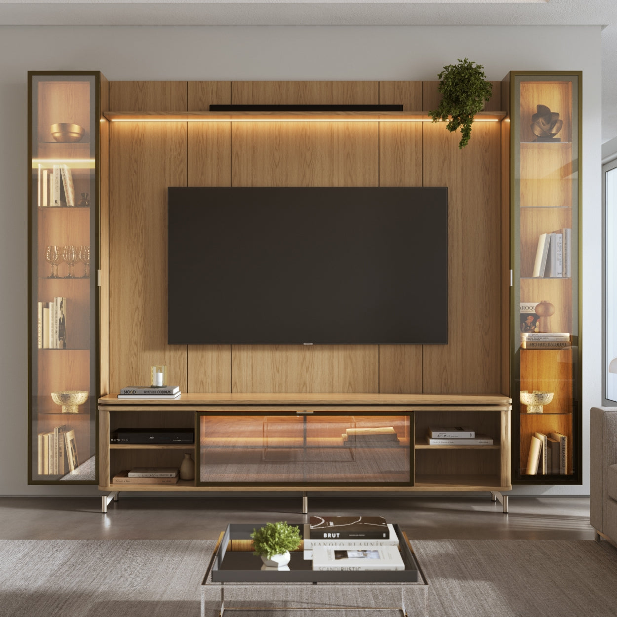 Rack com Painel para TV até 85" 2 Cristaleiras Vidro Reflecta e LED Lincoln Float 291cm – Carvalho c/ Champanhe