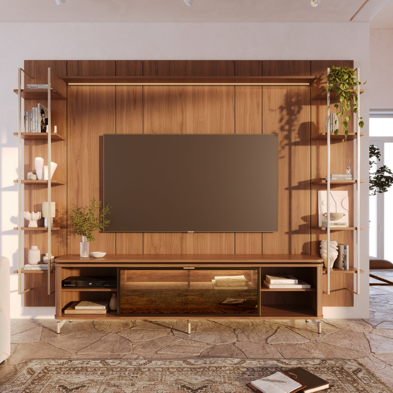 Rack com Painel para TV até 85" 11 Prateleiras e LED Lincoln Float 291cm – Canella c/ Champanhe