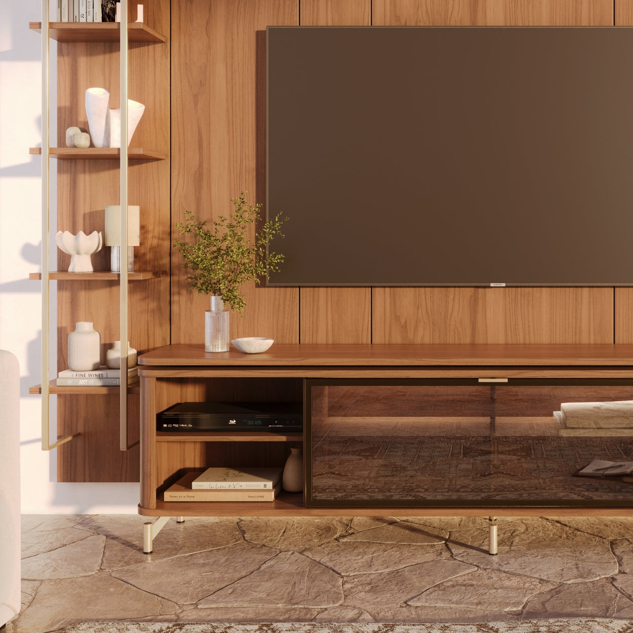 Rack com Painel para TV até 85" 11 Prateleiras e LED Lincoln Float 291cm – Canella c/ Champanhe