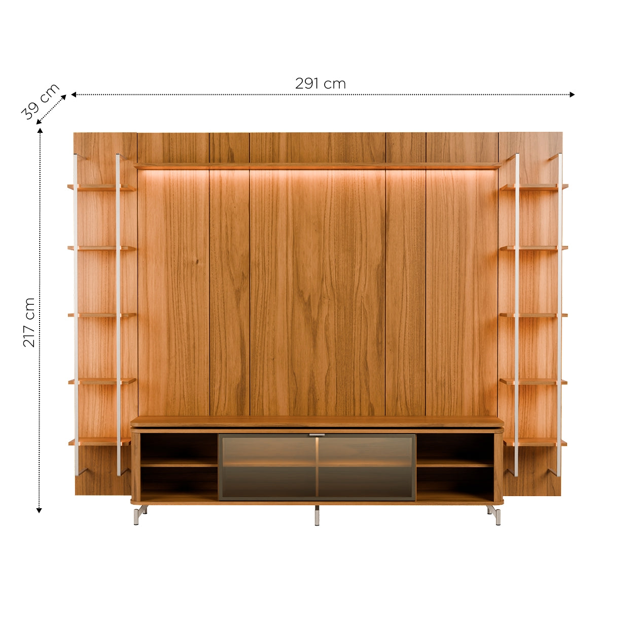 Rack com Painel para TV até 85" 11 Prateleiras e LED Lincoln Float 291cm – Canella c/ Champanhe