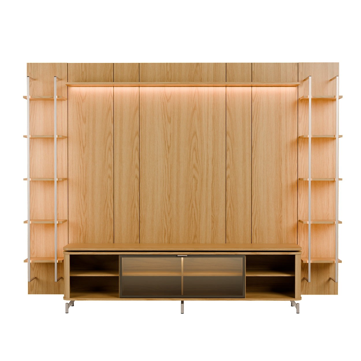 Rack com Painel para TV até 85" 11 Prateleiras e LED Lincoln Float 291cm – Carvalho c/ Champanhe