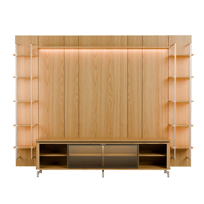 Rack com Painel para TV até 85" 11 Prateleiras e LED Lincoln Float 291cm – Carvalho c/ Champanhe