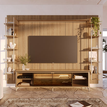 Rack com Painel para TV até 85" 11 Prateleiras e LED Lincoln Float 291cm – Carvalho c/ Champanhe