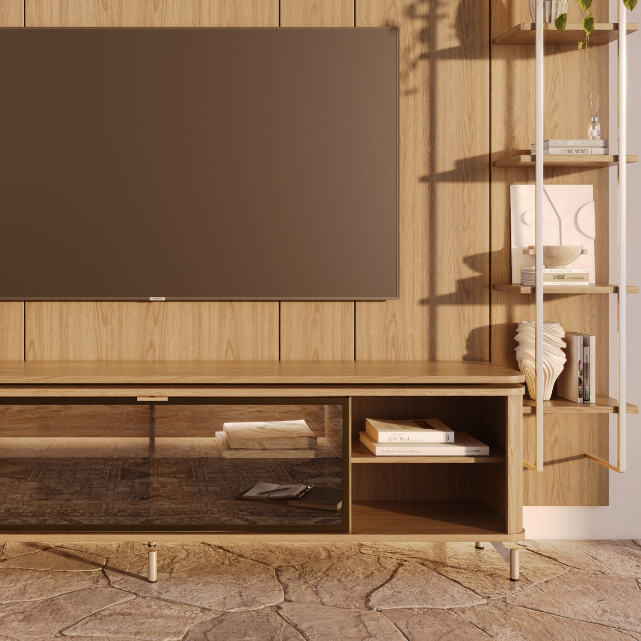 Rack com Painel para TV até 85" 11 Prateleiras e LED Lincoln Float 291cm – Carvalho c/ Champanhe