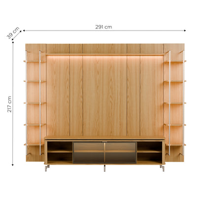 Rack com Painel para TV até 85" 11 Prateleiras e LED Lincoln Float 291cm – Carvalho c/ Champanhe