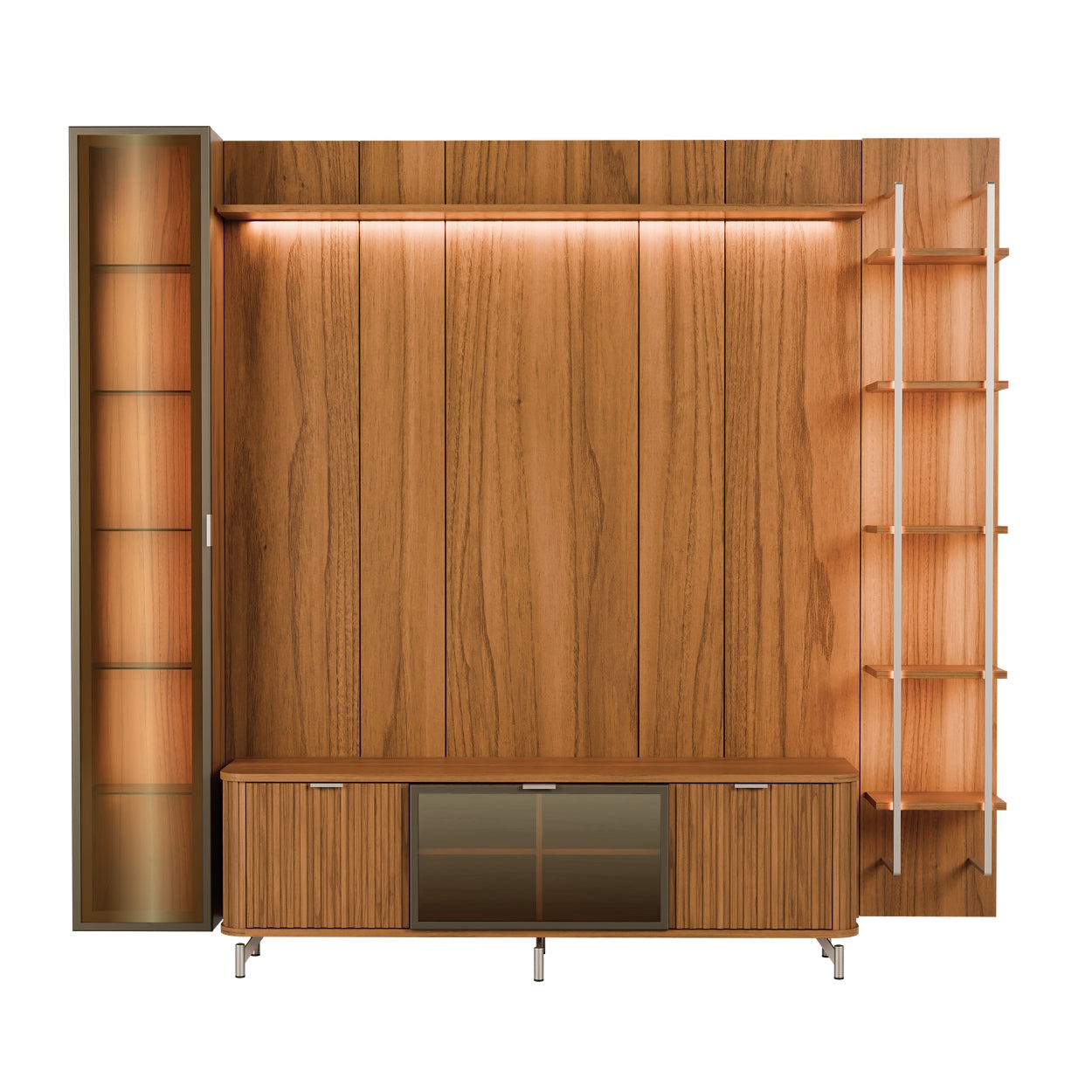Rack com Painel para TV até 85" 6 Prateleiras e Cristaleira 1 Porta Vidro Reflecta e LED Neon Float 254cm - Canella c/ Champanhe
