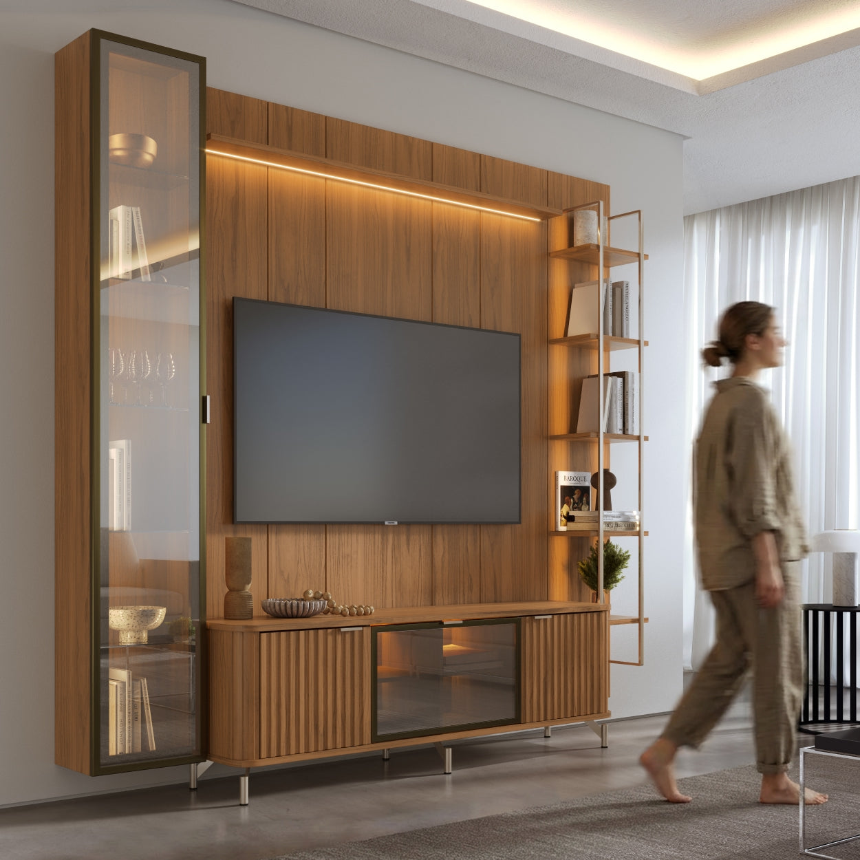 Rack com Painel para TV até 85" 6 Prateleiras e Cristaleira 1 Porta Vidro Reflecta e LED Neon Float 254cm - Canella c/ Champanhe
