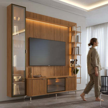 Rack com Painel para TV até 85" 6 Prateleiras e Cristaleira 1 Porta Vidro Reflecta e LED Neon Float 254cm - Canella c/ Champanhe
