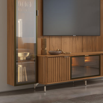 Rack com Painel para TV até 85" 6 Prateleiras e Cristaleira 1 Porta Vidro Reflecta e LED Neon Float 254cm - Canella c/ Champanhe