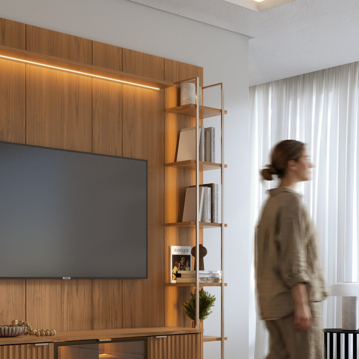 Rack com Painel para TV até 85" 6 Prateleiras e Cristaleira 1 Porta Vidro Reflecta e LED Neon Float 254cm - Canella c/ Champanhe