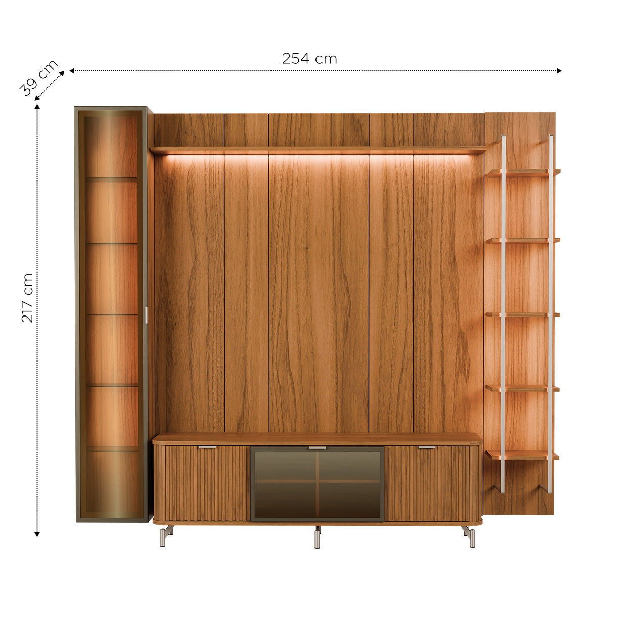 Rack com Painel para TV até 85" 6 Prateleiras e Cristaleira 1 Porta Vidro Reflecta e LED Neon Float 254cm - Canella c/ Champanhe