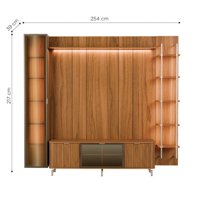 Rack com Painel para TV até 85" 6 Prateleiras e Cristaleira 1 Porta Vidro Reflecta e LED Neon Float 254cm - Canella c/ Champanhe