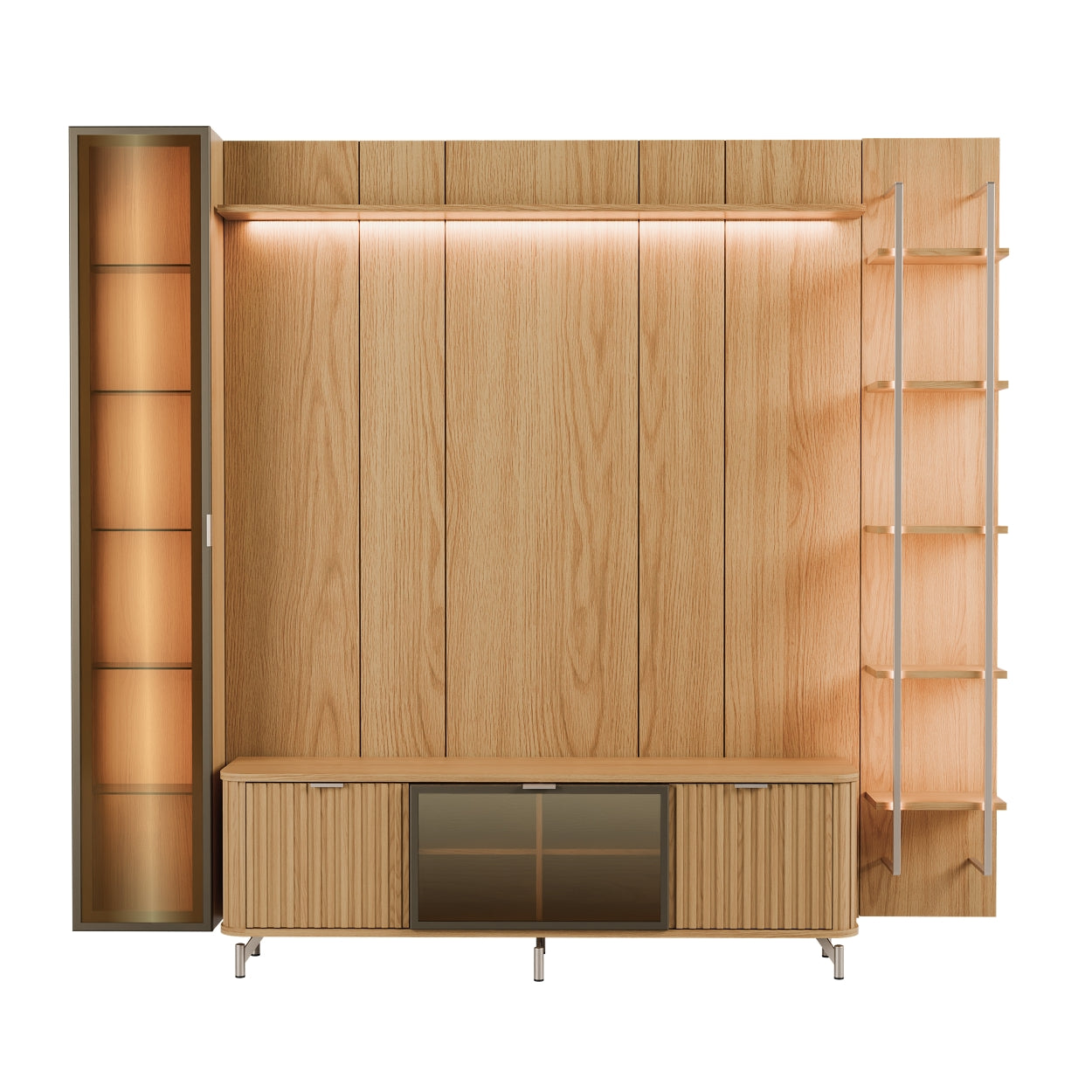 Rack com Painel para TV até 85" 6 Prateleiras e Cristaleira 1 Porta Vidro Reflecta e LED Neon Float 254cm – Carvalho c/ Champanhe