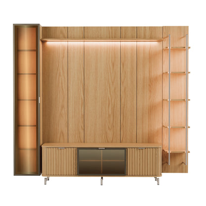 Rack com Painel para TV até 85" 6 Prateleiras e Cristaleira 1 Porta Vidro Reflecta e LED Neon Float 254cm – Carvalho c/ Champanhe
