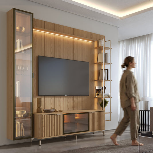 Rack com Painel para TV até 85" 6 Prateleiras e Cristaleira 1 Porta Vidro Reflecta e LED Neon Float 254cm – Carvalho c/ Champanhe
