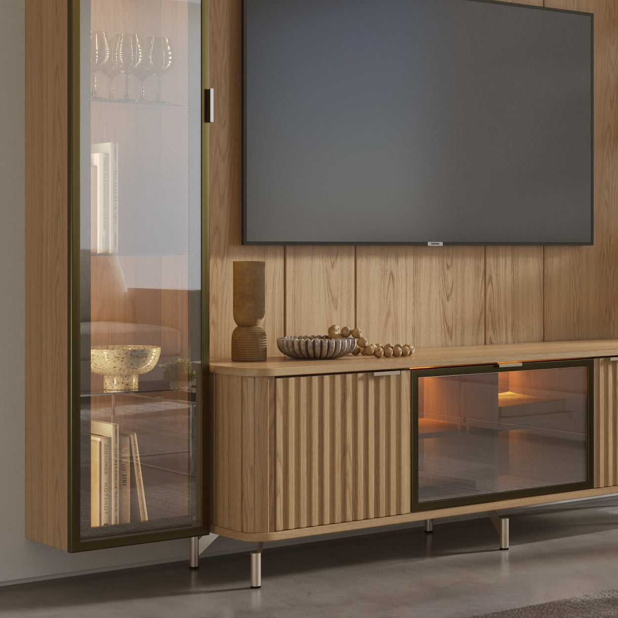 Rack com Painel para TV até 85" 6 Prateleiras e Cristaleira 1 Porta Vidro Reflecta e LED Neon Float 254cm – Carvalho c/ Champanhe