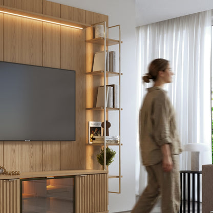 Rack com Painel para TV até 85" 6 Prateleiras e Cristaleira 1 Porta Vidro Reflecta e LED Neon Float 254cm – Carvalho c/ Champanhe