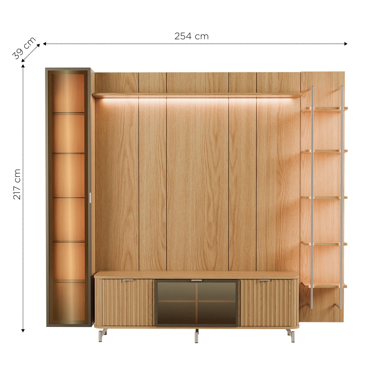 Rack com Painel para TV até 85" 6 Prateleiras e Cristaleira 1 Porta Vidro Reflecta e LED Neon Float 254cm – Carvalho c/ Champanhe