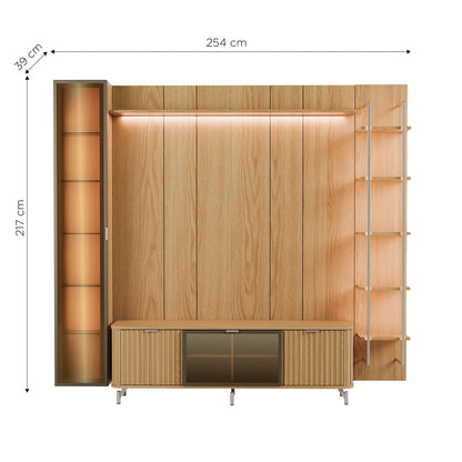 Rack com Painel para TV até 85" 6 Prateleiras e Cristaleira 1 Porta Vidro Reflecta e LED Neon Float 254cm – Carvalho c/ Champanhe