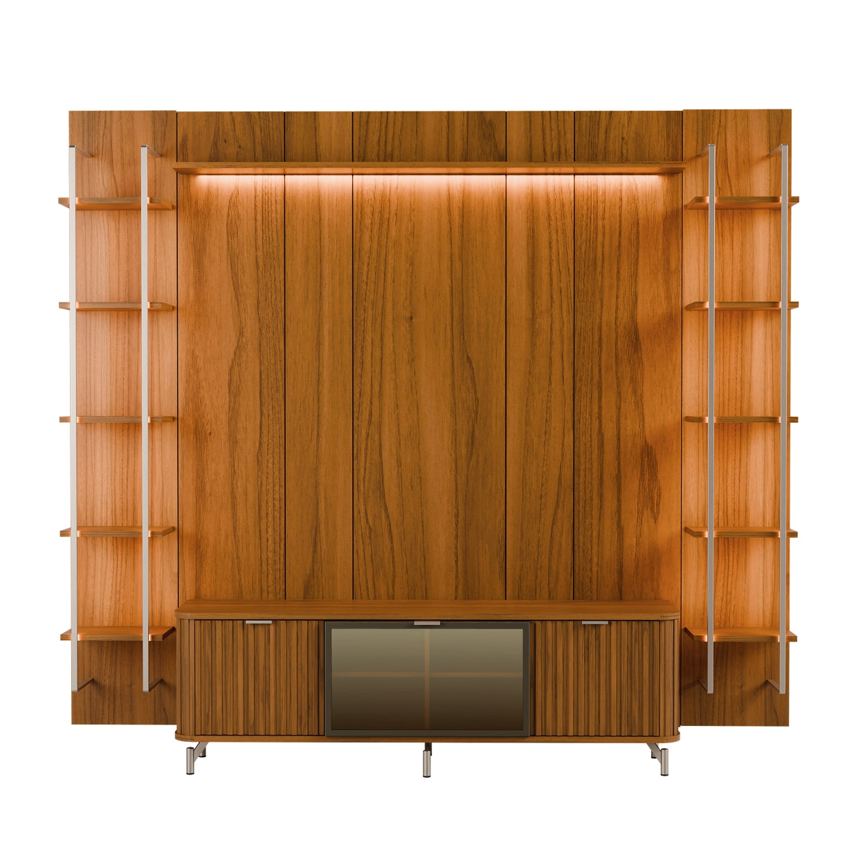 Rack com Painel para TV até 85" 11 Prateleiras e LED Neon Float 254cm - Canella c/ Champanhe
