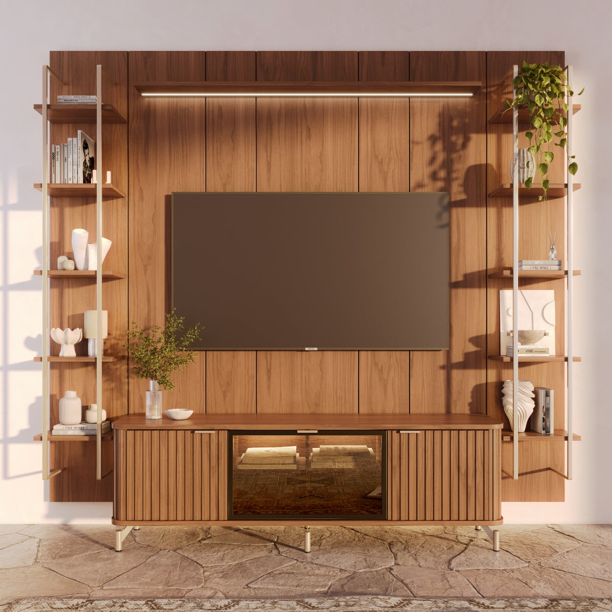 Rack com Painel para TV até 85" 11 Prateleiras e LED Neon Float 254cm - Canella c/ Champanhe