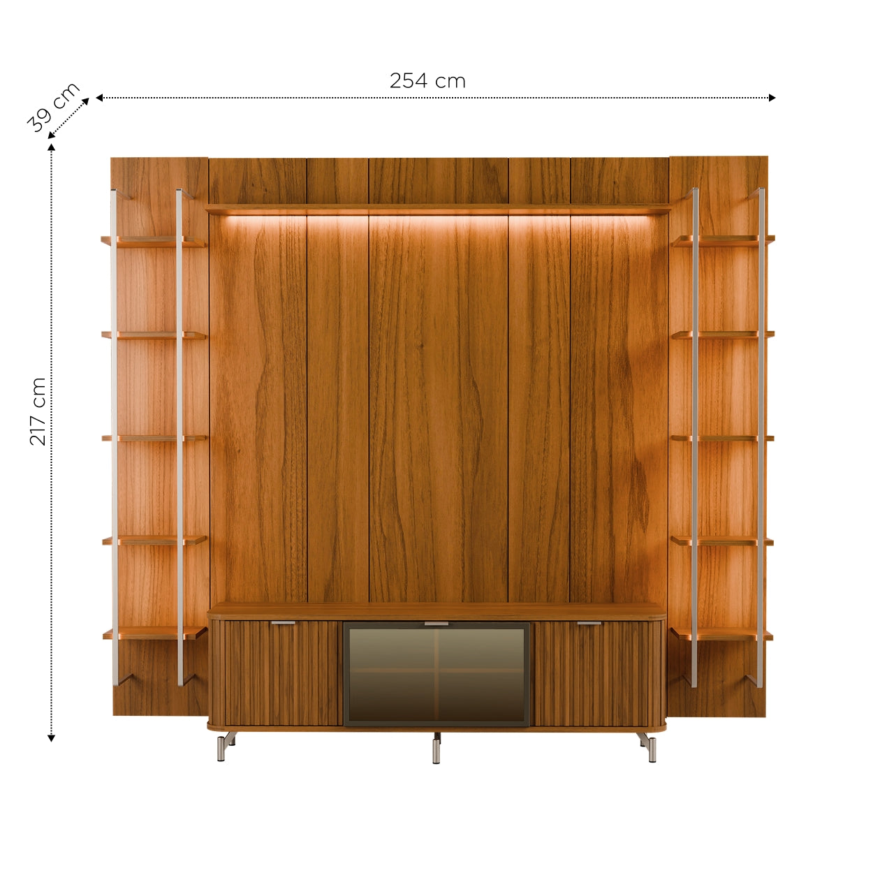 Rack com Painel para TV até 85" 11 Prateleiras e LED Neon Float 254cm - Canella c/ Champanhe