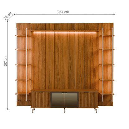 Rack com Painel para TV até 85" 11 Prateleiras e LED Neon Float 254cm - Canella c/ Champanhe