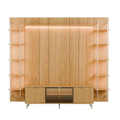 Rack com Painel para TV até 85" 11 Prateleiras e LED Neon Float 254cm – Carvalho c/ Champanhe