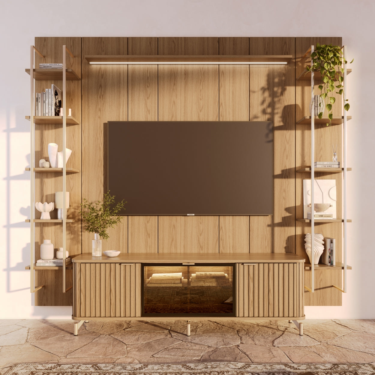 Rack com Painel para TV até 85" 11 Prateleiras e LED Neon Float 254cm – Carvalho c/ Champanhe