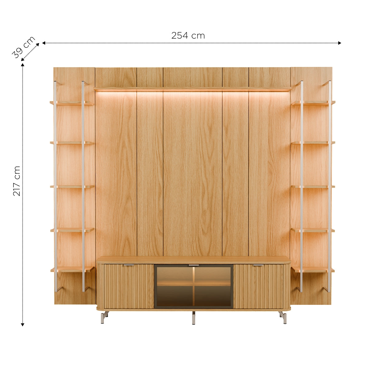Rack com Painel para TV até 85" 11 Prateleiras e LED Neon Float 254cm – Carvalho c/ Champanhe